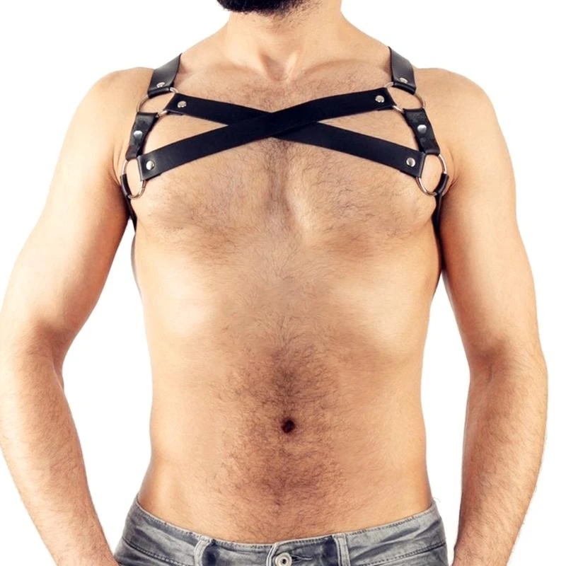 الرجال مربط صدر مع الأصفاد معصمه الجلدية و طوق المختنق قابل للتعديل مربط صدر الرجال ملهى ليلي تأثيري حلي #2