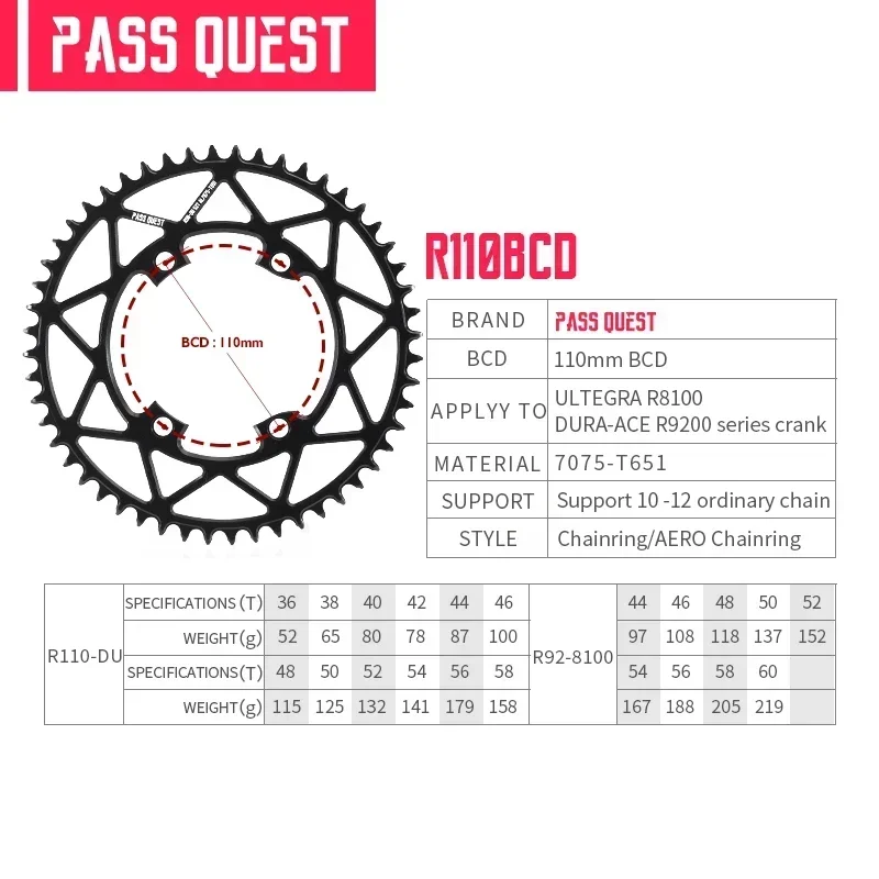 PASS QUEST chainring 110 bcd 4 bolt chainring for Shimano ultegra 8100 dura ace 9200 54T 56T 58T 60T 44T 46T 48T 50T chainring