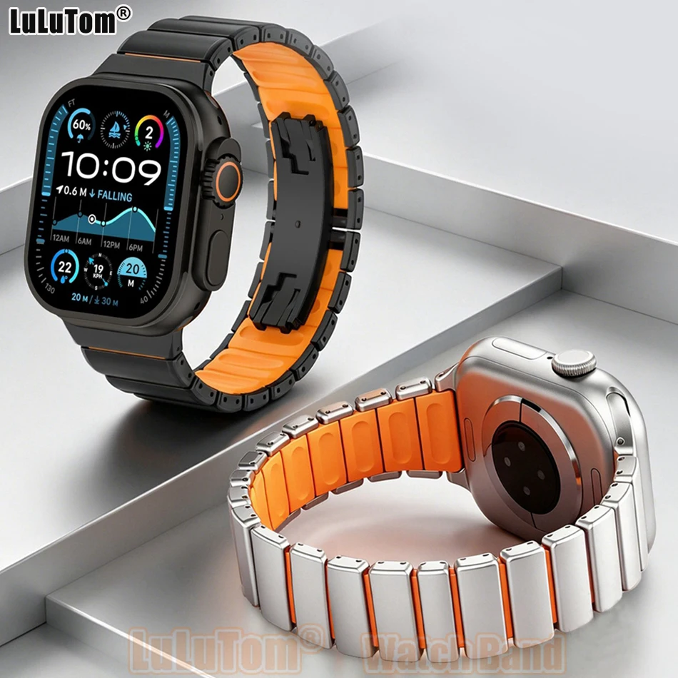 Titanium Silicone Band for Apple Watch 11 10 9 8 7 6 5 4 3 SE Ultra Pull-tab Clasp Strap Iwatch Series 38 40 41 42 44 45 46 49mm