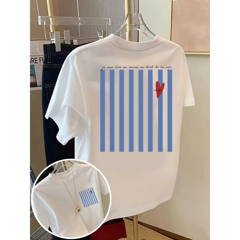 Blue Stripes and Red Heart Graphic Tee for Men Breathable Cotton Perfect for Summer Streetwear Trendy Minimal Love Style