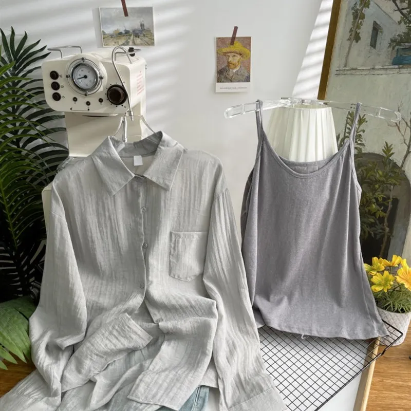 Camisa Feminina de Manga Longa em Linho e Algodão Ice Silk com Proteção Solar, Blusa Leve e Respirável para o Verão