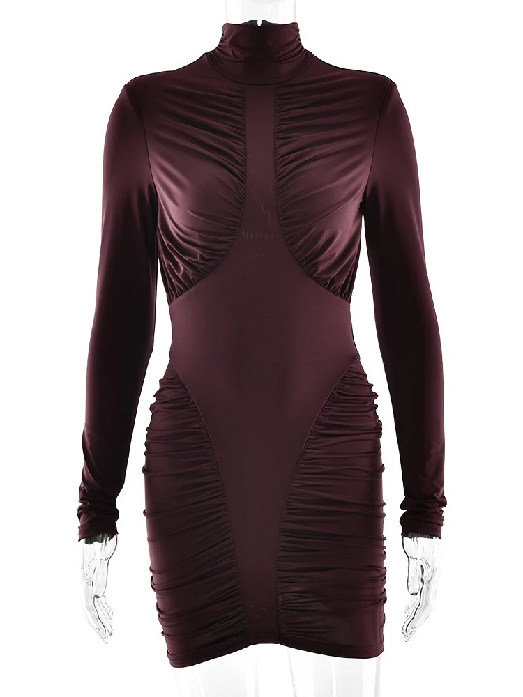 여성을위한 우아한 세련된 백리스 미니 칵테일 파티 드레스 터틀넥 긴 소매 튜닉 폴드 짧은 이브닝 드레스 클럽웨어