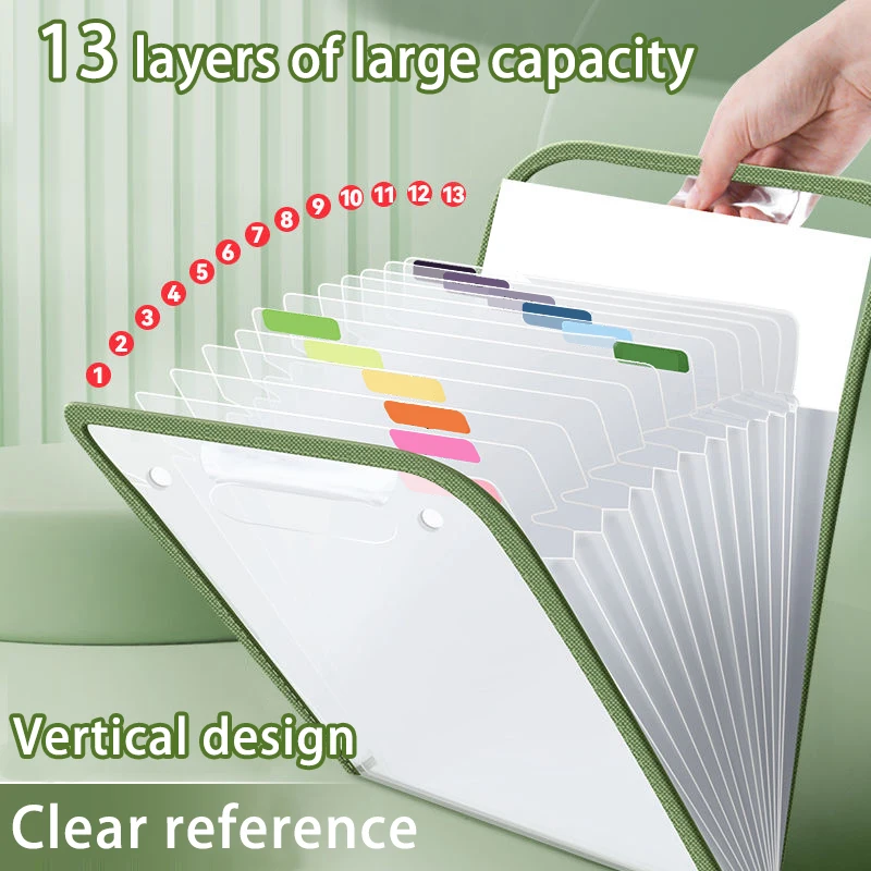 1pc 13-Grid A4 Size Portable Vertical Organizer Bag Accordion Folders 13 Pocket Plastic Expanding File for Student Test Paper