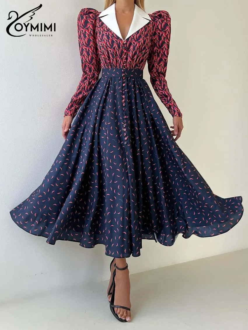 Oymimi Elegant Blue Print Women's Dress Fashion Patchwork Long Sleeve High Waist Dresses Casual Button Pleated Mid-Calf Dresses