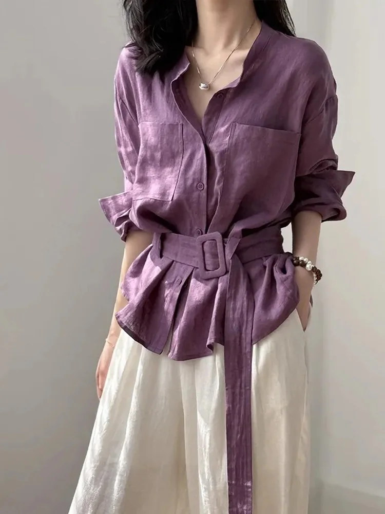 Vintage Belt Cotton Linen Shirt Women Loose Casual Long Sleeve O Neck Retro Blouse Spring Summer Female Soft Streetwear Tops New