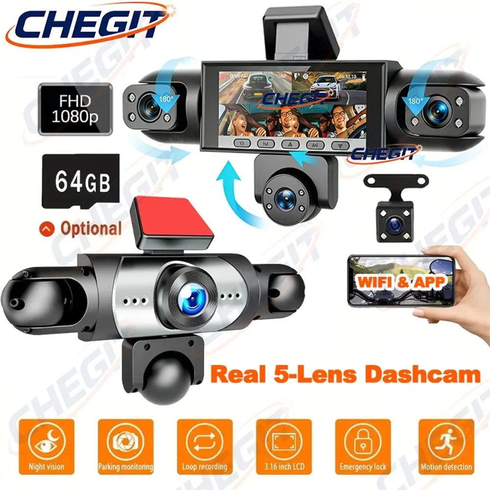 

5-камерная система 360 градусов: передняя, левая, правая, внутренняя и задняя камеры, Wi-Fi, 1080P, 5-канальный видеорегистратор, автомобильный видеорегистратор, черный ящик для записи видео.