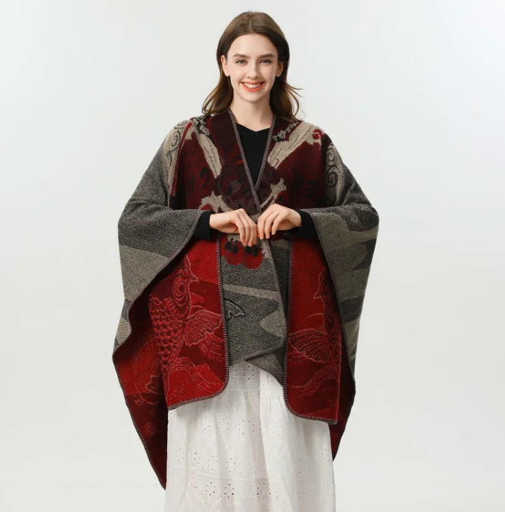 

Poncho New Chinese Style Women's Shawl Scarf - Niche Fashion Thicker Koi Print Cape Travel Photo Outerwear Sweater Cloak
