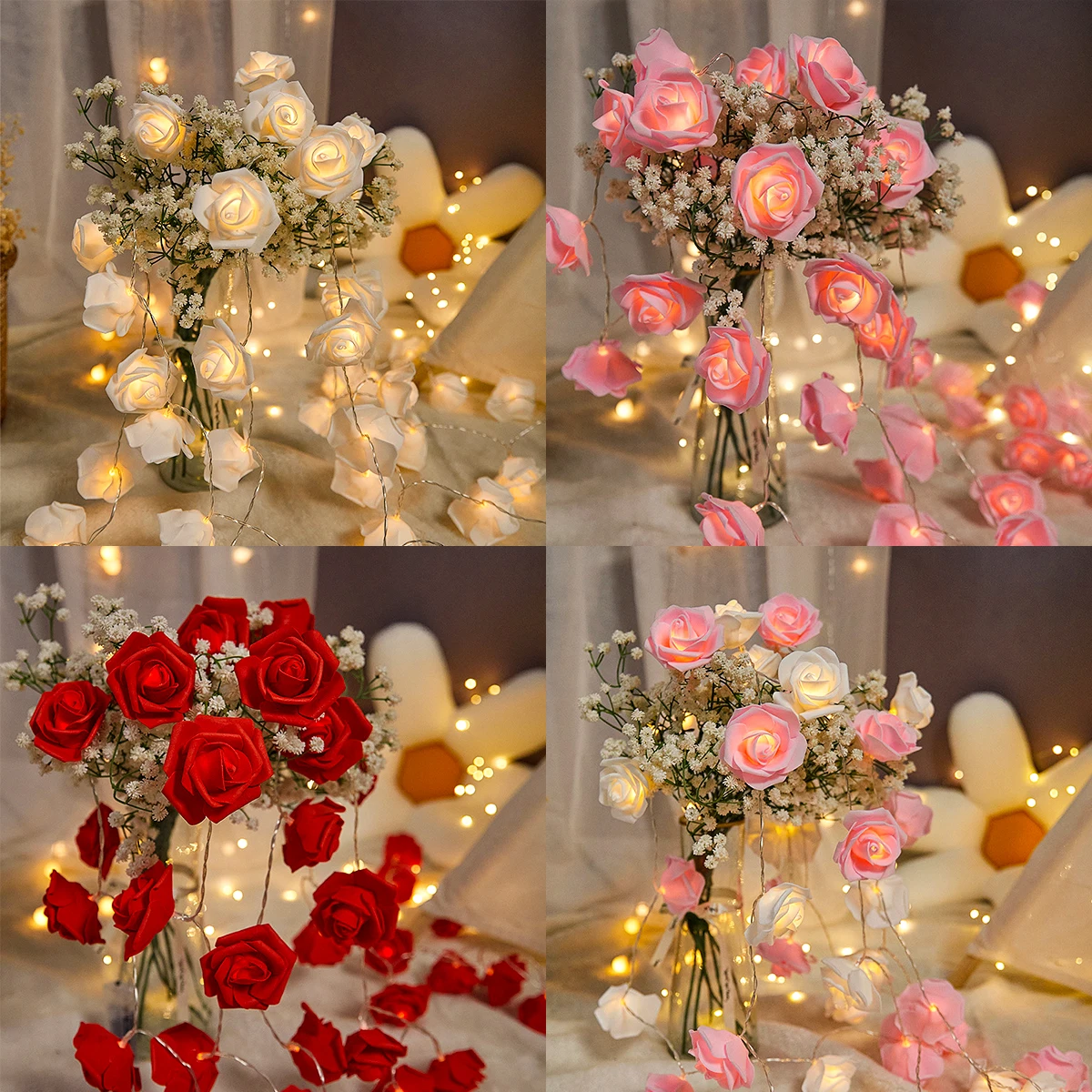 Rose String Lights For Valentine's Day Wedding Decorations for Room Night Light Fairy String Light Artificial Flowers LED Lights