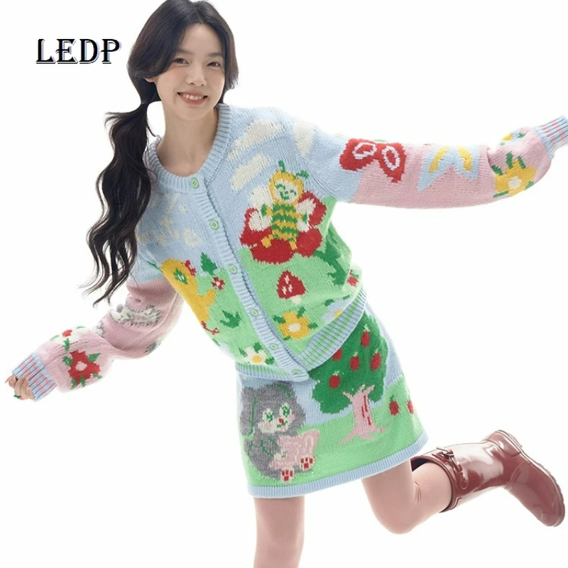 

American Retro Childlike Animal Print Women's Sweater Cardigan Autumn Winter New Thick Needle Knitted Wool Skirt Suit Ladies