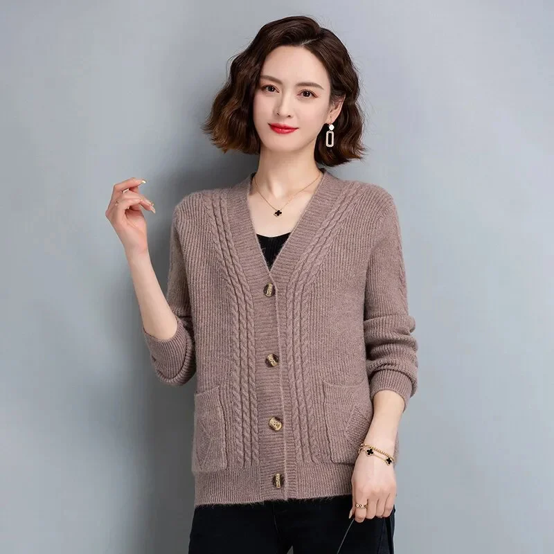 Cardigan de couleur Pure pour femme, veste pull, ample, col en v, manteau en tricot, mode, haut à simple boutonnage, nouvelle collection printemps automne 2025
