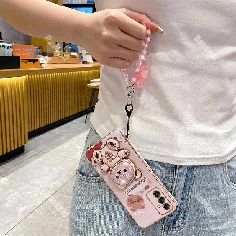 A14 Lucky Bear Holder Bracelet Plating Phone Case For Samsung A14 A12 A13 A15 A10 A05 A04 A04E A03 A03S A20S A22 A23 A25 Cover