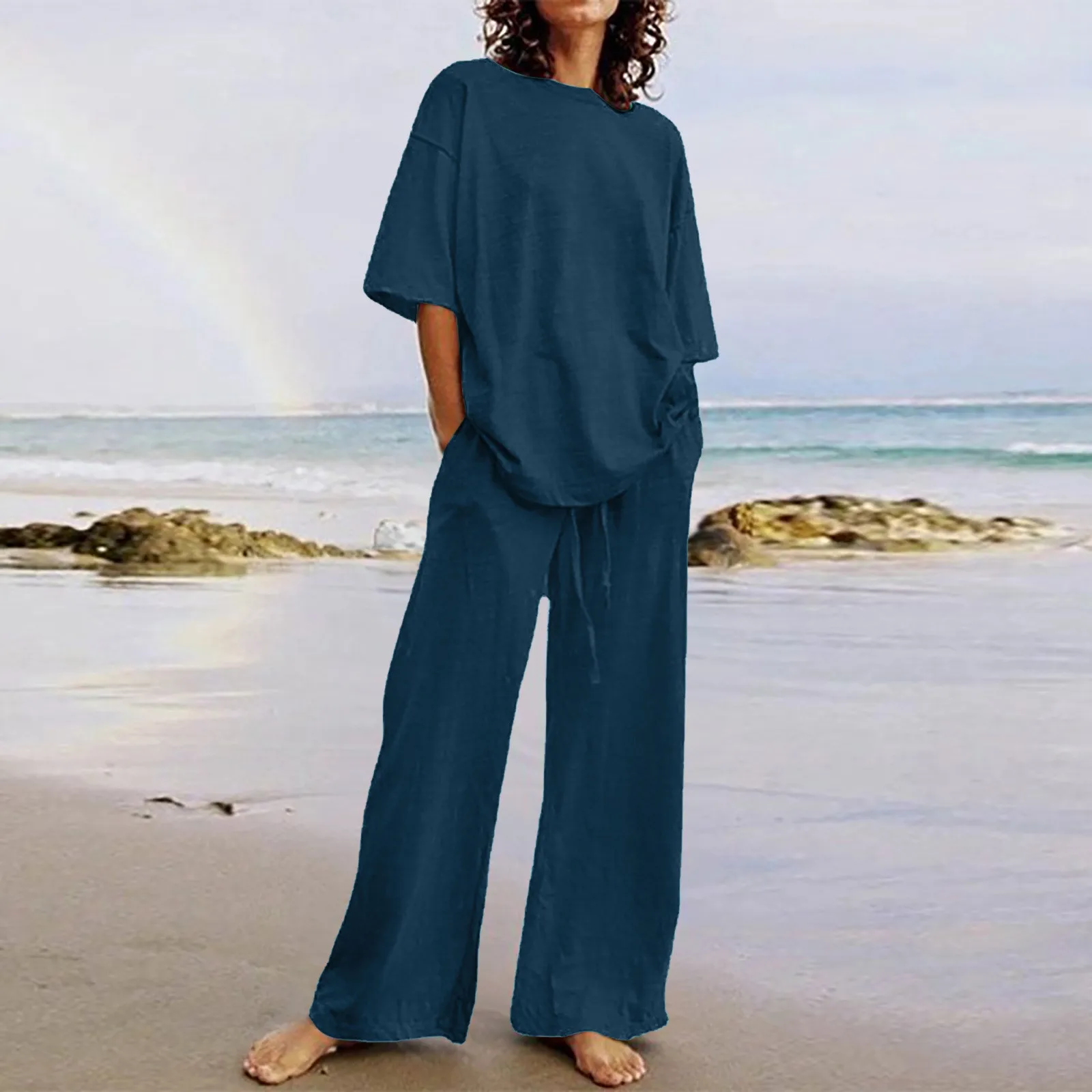 Women'S Summer Imitation Cotton And Linen Casual 2-Piece Set Half Sleeve Round Neck Blouse Loose Wide Leg Pants Solid Color Suit