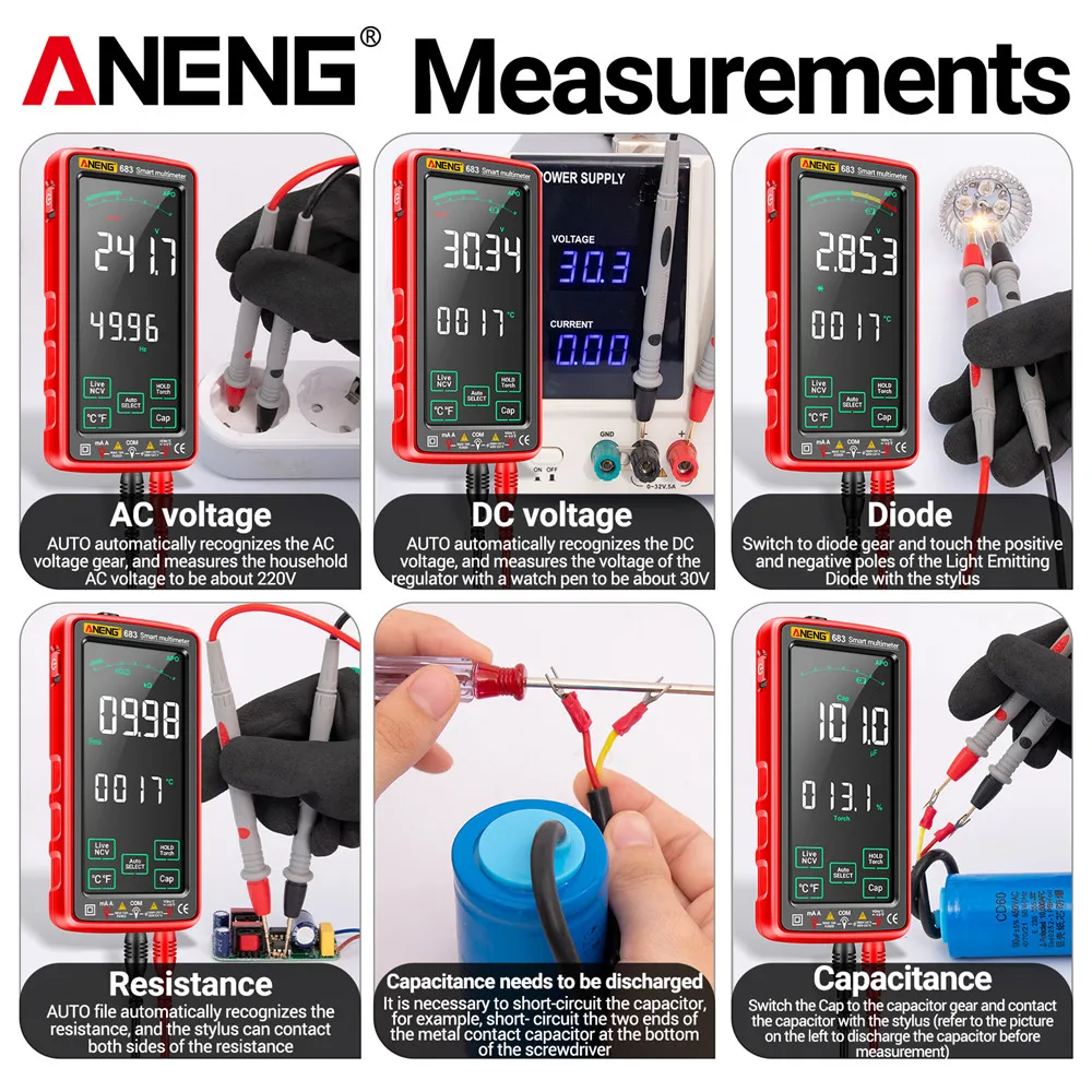 Imagem -05 - Multímetro Digital 6000 Contagens ac dc Tensão Corrente Amperímetro Multifunções Medidor de Teste Profissional Ferramentas Eletrônicas Aneng683