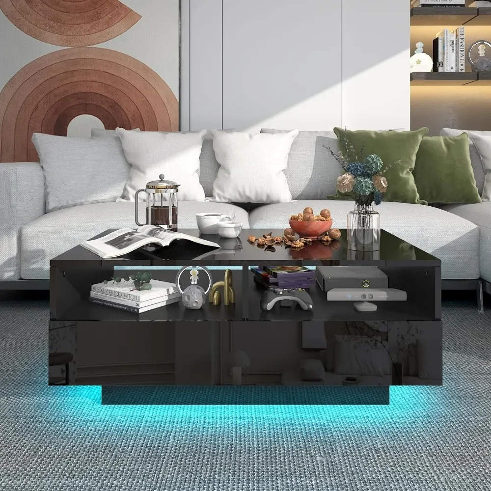 Coffee Table with 4 Storage Sliding Drawers, High Glossy Modern Center Table with 20 Colors LED Lights for Living Room Bedroom