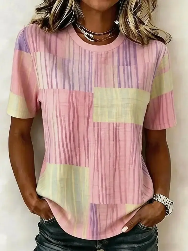 Camiseta de Cuello Redondo con Estampado 3D para Mujer, Primavera-Verano, Rosa y Morado, con Rayas Verticales y Bloques de Color, Estilo Casual para Uso Diario