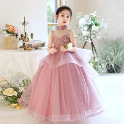 Lindo vestido de lantejoula rosa bordado, vestido de princesa infantil, festa de aniversário do bebê, concurso de beleza infantil, casamento, vestido sexy sem mangas