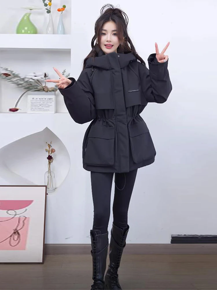 

Women's Parka Coat Thiened Hooded Cotton Jaet Winter New Sle Workwear Waist-Cinching Bread Outerwear Simple Sle