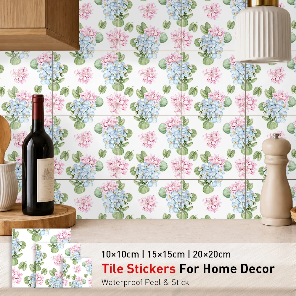 Watercolor Pink Blue Hydrangea Wall Sticker, Green Leaves Self Adhesive Tile Decal, White Background Decor for Kitchen Bathroom