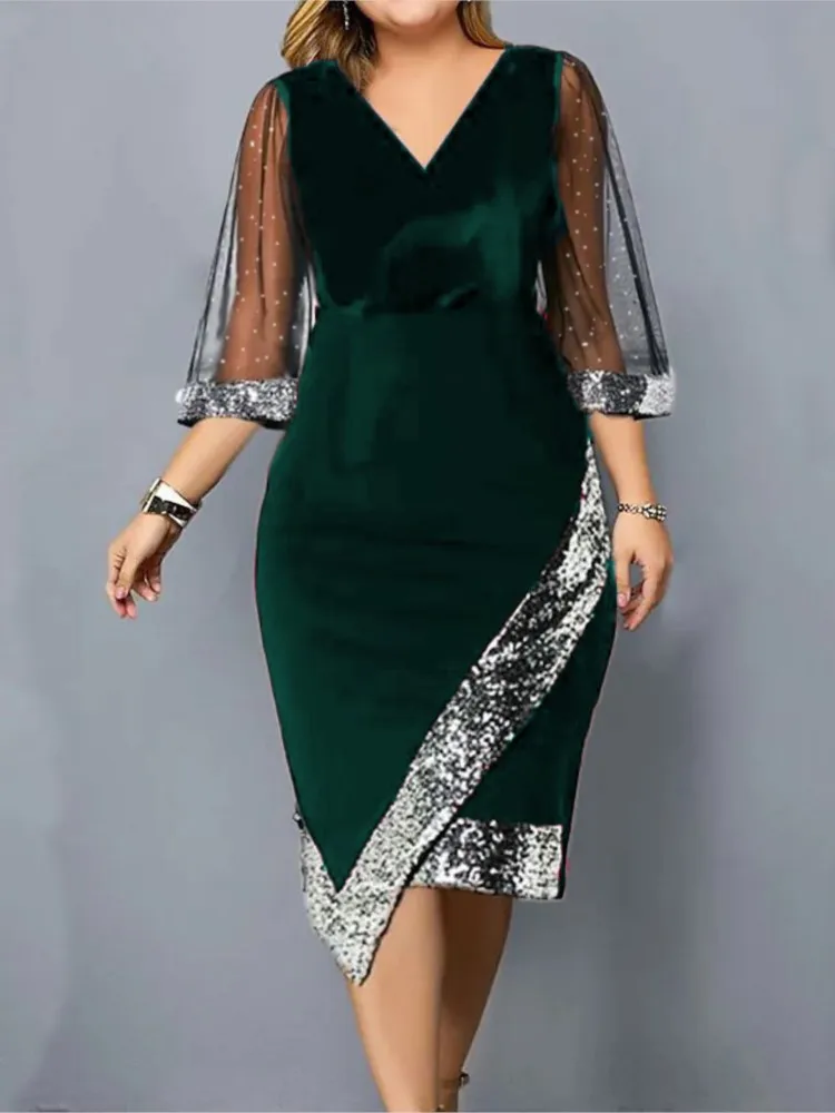 Spring Summer Women\'s Clothing New Fashion Gold Velvet Irregular Sequin See Through Mesh Women\'s Five Quarter Sleeve Dress