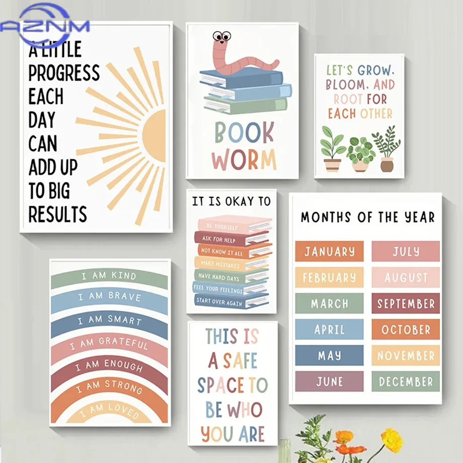 Warm Simple Letter Pattern Inspirational Education Poster Canvas Painting Wall Art School Kindergarten Room Classroom Decor Gift