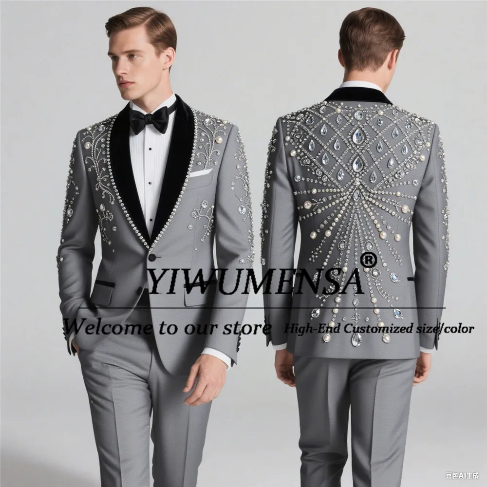 

Эксклюзивные костюмы со стразами и бисером для мужчин, черные смокинги с шалью и лацканами для выпускного вечера, свадебное платье жениха по индивидуальному заказу, облегающий костюм...