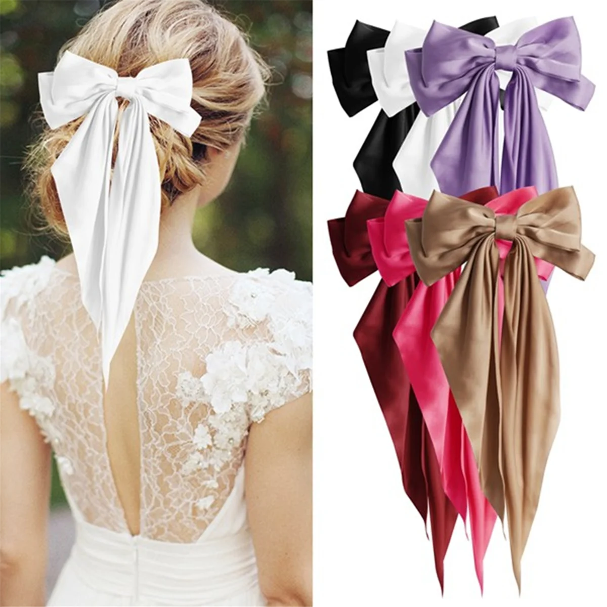 CGS-6PCS Double Layers Bowknot Streamer Hairpin Woman Girl Satin Ribbon Barrette Bow Back Spring Clip