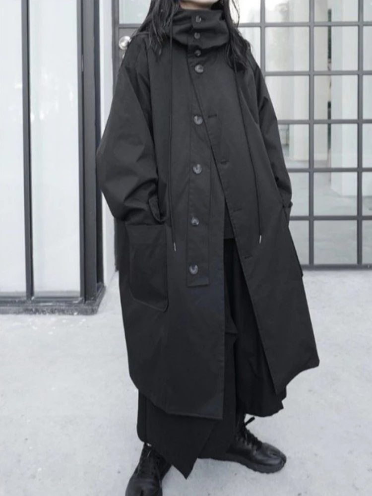 Japanese Vintage Harajuku Long Trench Coat Oversized Women Black Hooded Coat Spring Autumn Jacket All-match Outerwear Trendy