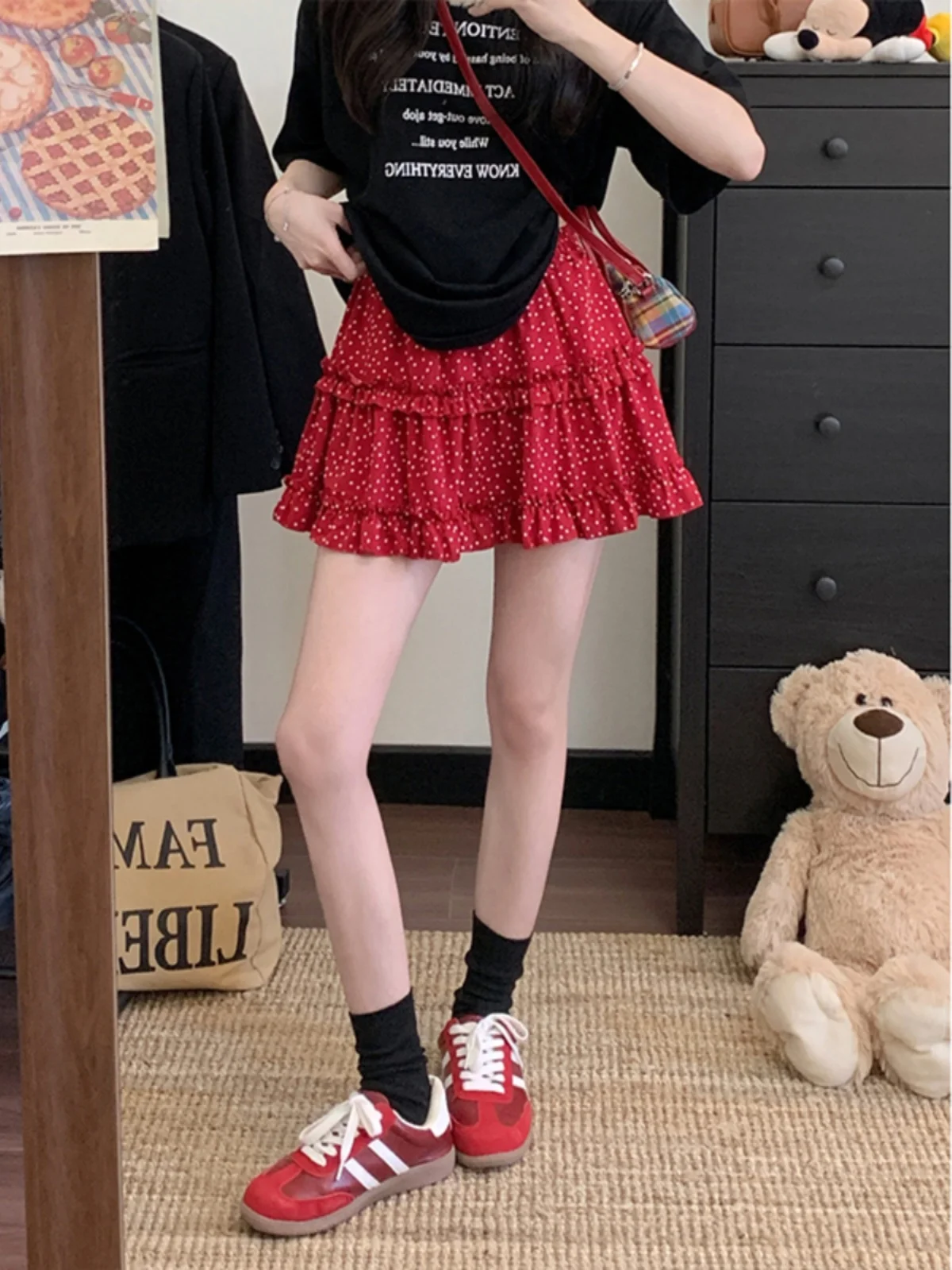 

Модная женская короткая юбка больших размеров в красный горошек, с завышенной талией, пышная, в корейском стиле, для повседневной носки