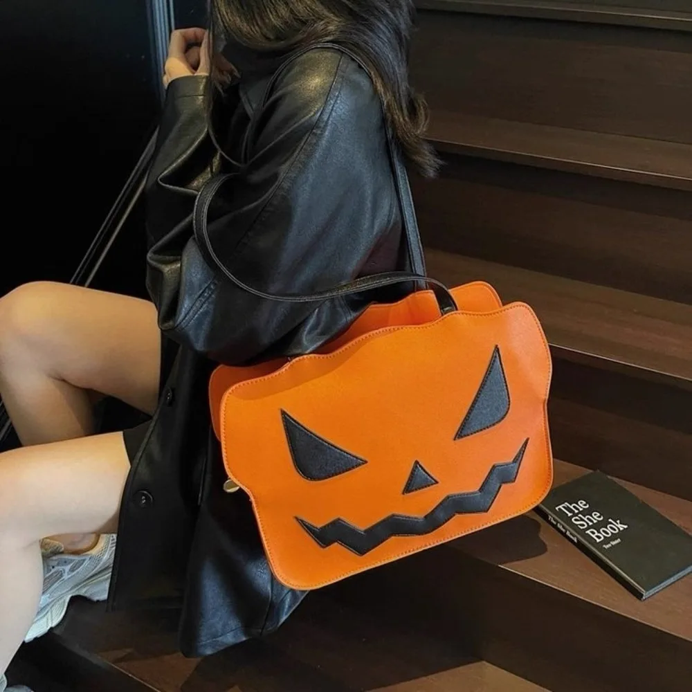 

Portable Gothic Halloween Tote Bag Large Capacity Quirky Pumpkin Shoulder Bag Creative Pu Leather Demon Messenger Bag Outing