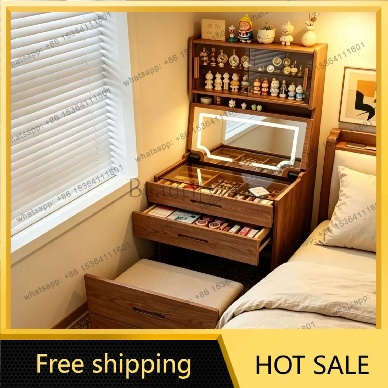 LDSolid Wood Storage Vanity Table Bedroom Makeup Mirror Desk Dressing Table Drawers Modern   Furniture