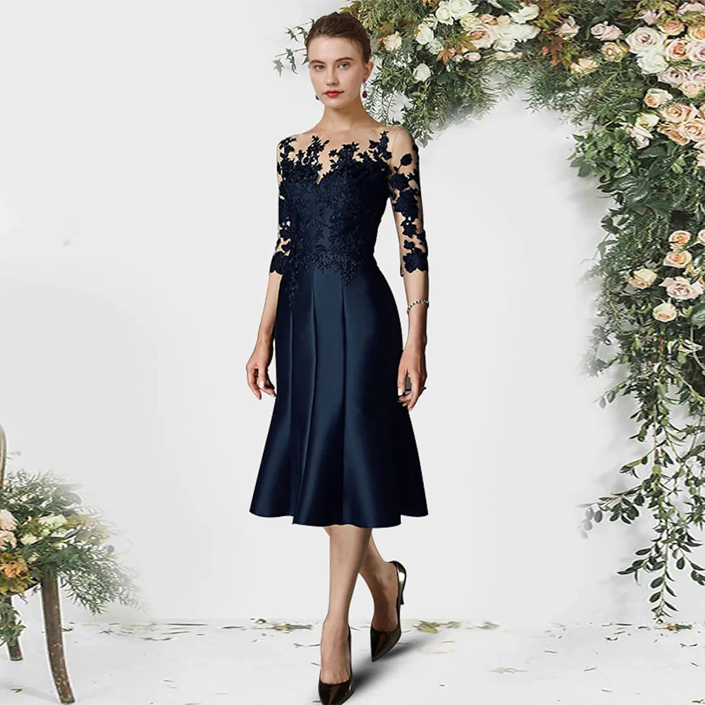 Robe mère de la mariée bleu marine, manches 3/4, encolure dégagée, appliques, longueur thé, robes de soirée en satin, courte sirène, robe d'invité de mariage