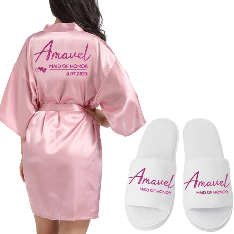 Aangepaste logo bruiloft datum naam badjas kunstzijde bruids gewaad bruid bruidsmeisje bruiloft gewaden vrouw Bachelorette Preparewear