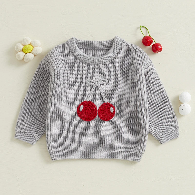 FOCUSNORM 0-5Y Little Kids Girls Sweater Fruit Embroidery Crew Neck Long Sleeve Pullovers Fall Winter Casual Tops