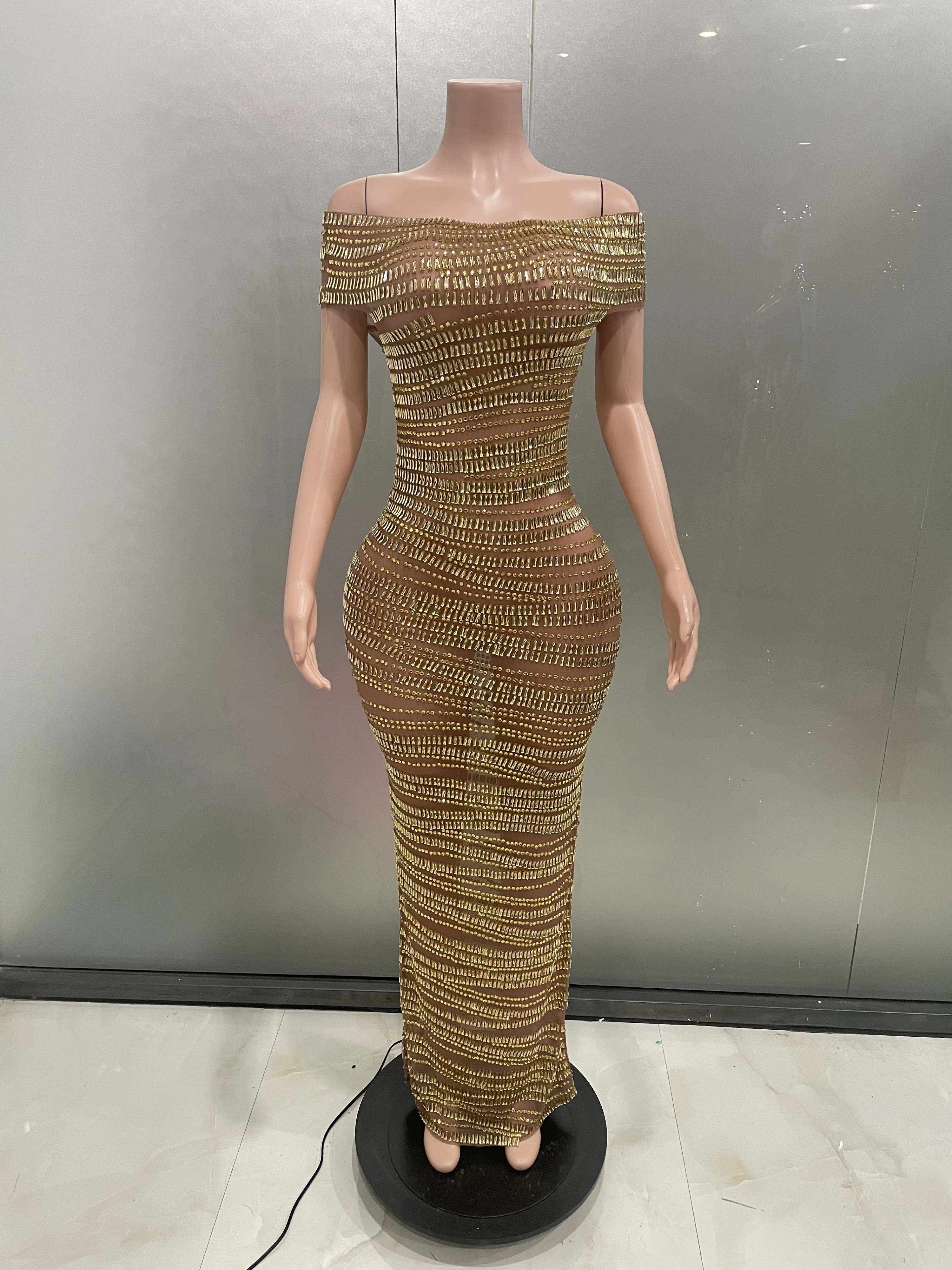 Luxury Gold Rhinestones Long Dress Women Sexy Stretch Mesh See Through Celebrate Evening Prom Birthday Gown Performance Outfit