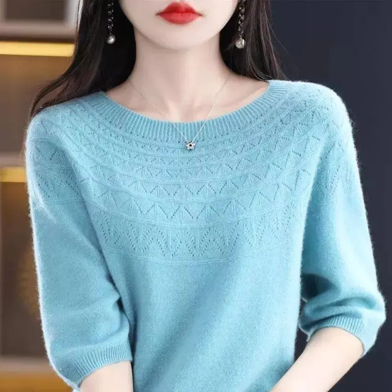 Round Neck Half Sleeve Screw Thread Solid Color Women\'s Clothing Pullover Sweater Knitted Casual Fashion Office Lady Tops