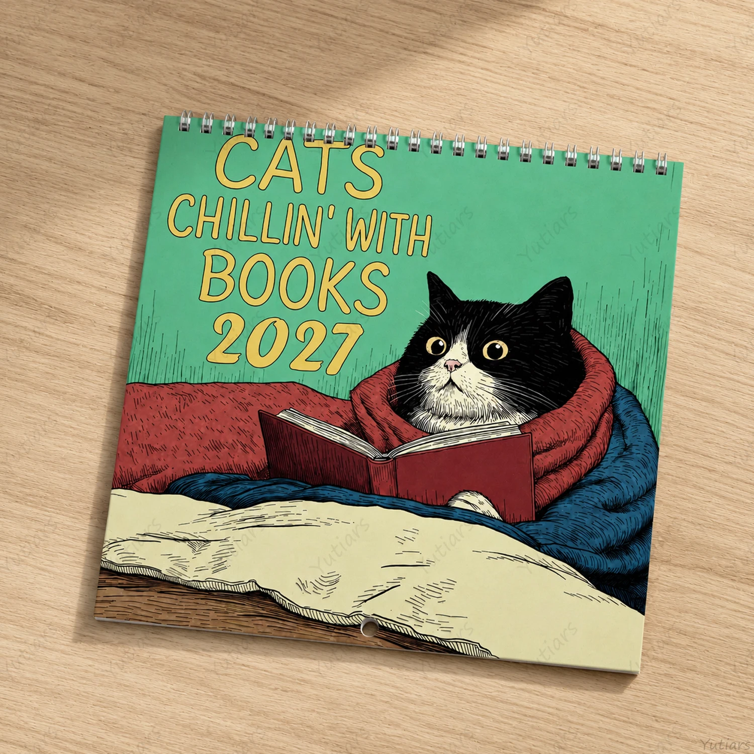 2027 Cat Wall Calendar 21cm Square Cute Cats Reading Books Monthly Planner Spiral Hanging Calendar for Home Office Decor