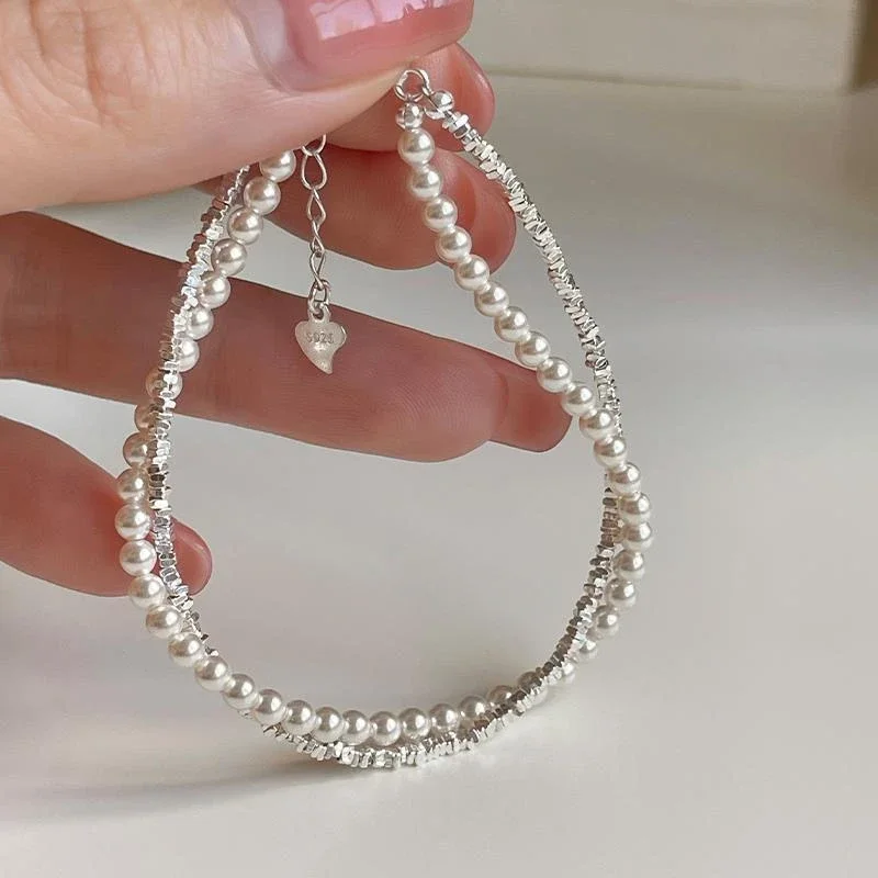 925 Sterling Silver Bracelet  for Women Girl Vintage Korean Double Layer Pearl Bead Bracelet Elegant Party Wedding Charm Jewelry