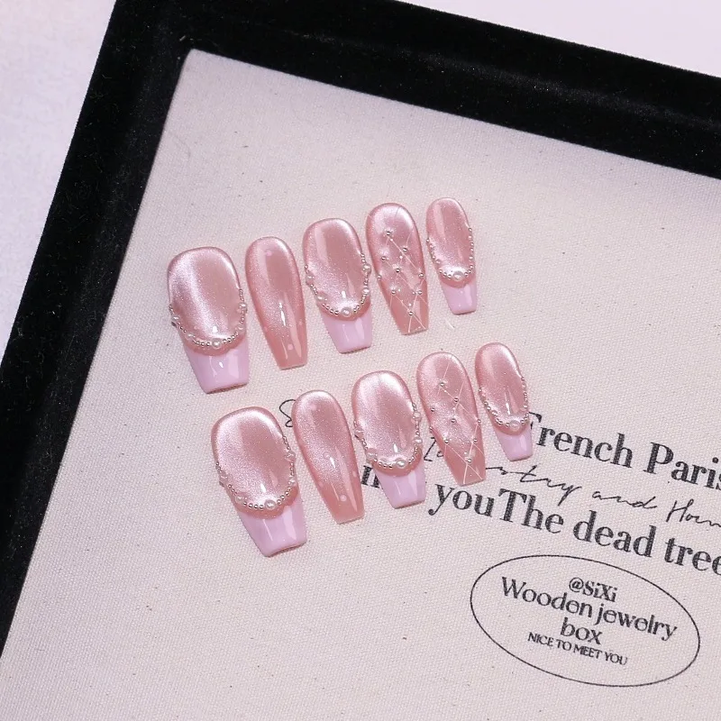 

10pcs Handmade Aesthetic False Nails Long French Self-adhesive Set of Stickers for Nails Sweet Coffin Press on Nails Set Fashion