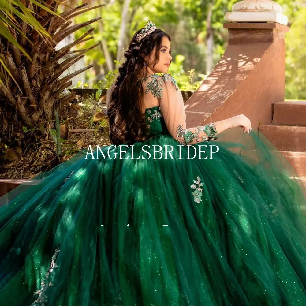 Angelsbridep มรกตสีเขียวแขนยาวคริสตัลชุดไปงานเต้นรำ Quinceanera ชุด3D ดอกไม้ Appliques เจ้าหญิงหวาน16 Vestidos De Xv