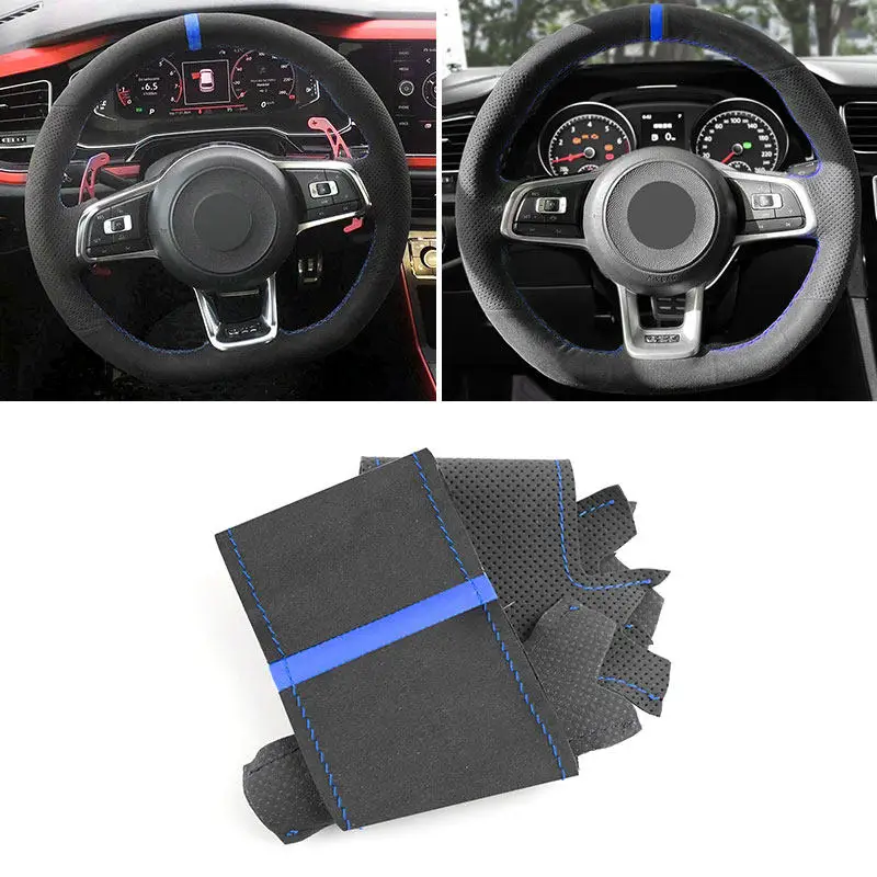 For VW Golf 7 (VII) GTI Golf R MK7 2014-2018 Passat B8 Polo Scirocco 2015 2016 Car Steering Wheel Suede Leather Cover Blue Strip