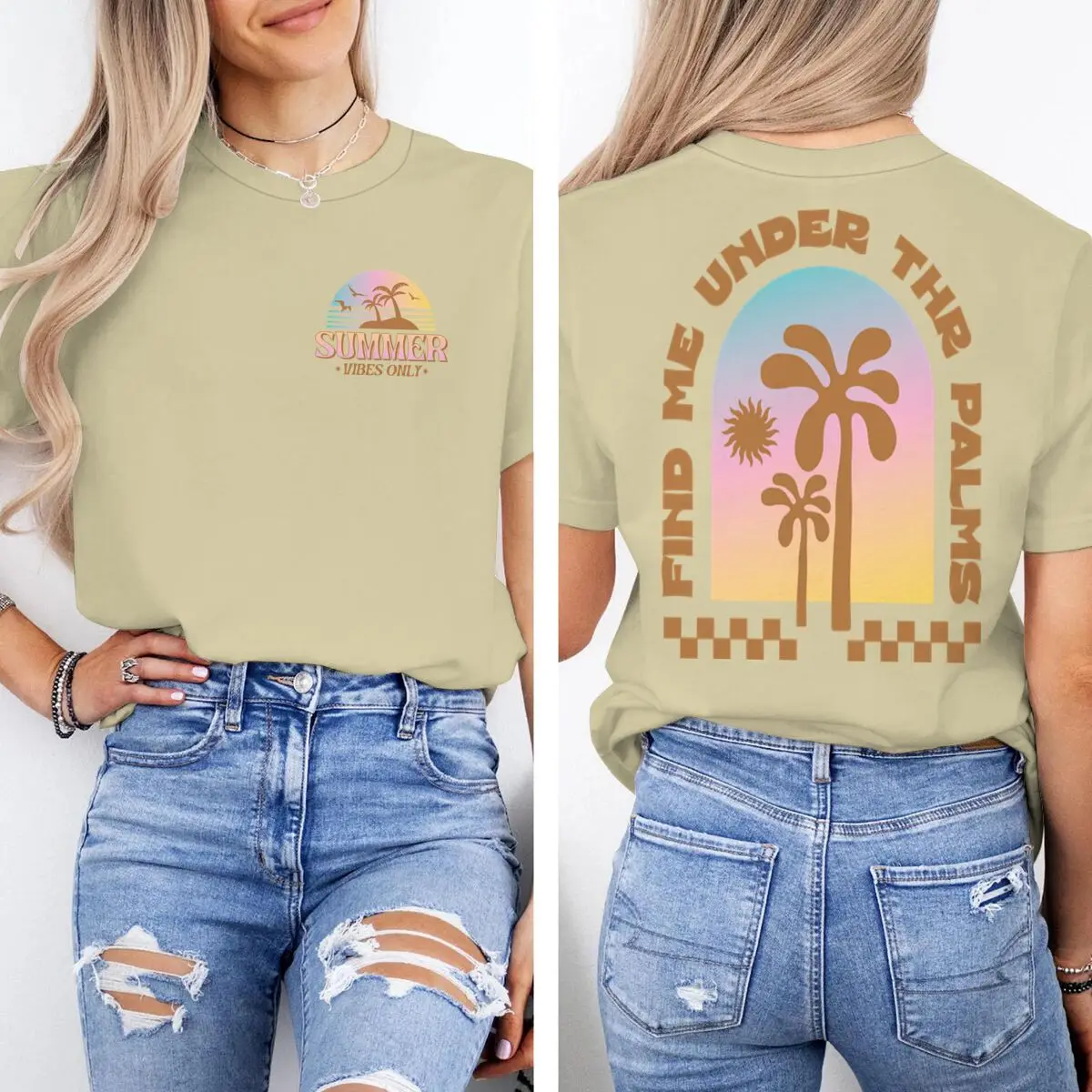

"Summer Vibes Only" T-shirt For Women Vintage "Find Me Under Thr Palms" Crewneck Streetwear Fun Ocean Beach Trip Female Tshirts