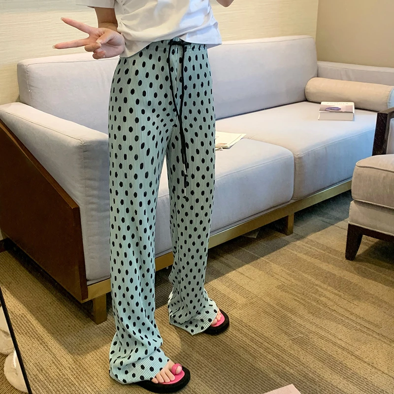 Pantalones de pierna ancha de lunares para mujer, pantalón recto, holgado, adelgazante, informal, fino, versátil, hasta el suelo, de cintura alta, para verano