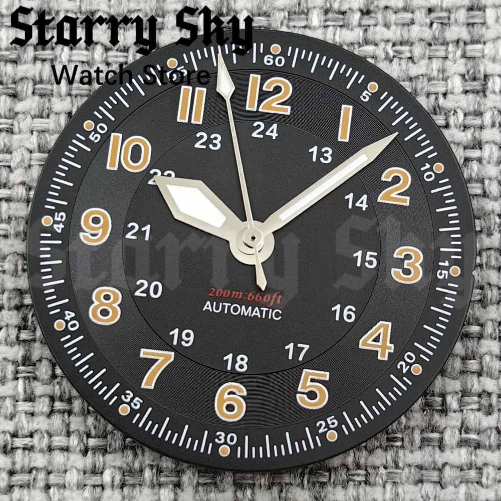 Starry Sky 29mm Orange Words Black Pilot Style Watch Dial Watch Hands With Green Luminous Fit NH35/ETA PT5000 Automatic Movement