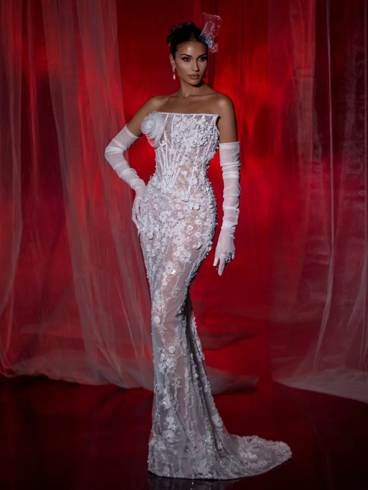 

Women's Luxurious Off-Shoulder Floral Embellished Wedding Evening Gown White Lace Evening Long Dresses With Gloves Vestidos
