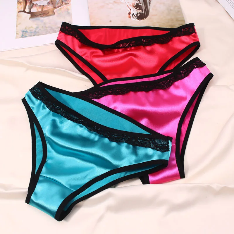 Women's Satin Silky Smooth Glossy Panties Hotwife Erotic Pajamas Comfy Cotton Crotch Quick Dry Shorts Girl Lace Edge Sweet Brief