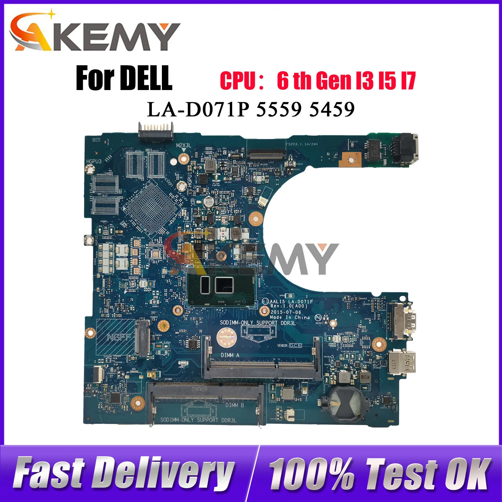 

Материнская плата для ноутбуков Dell Inspiron 5559 5759 5459 3559 LA-D071P 0T66WJ 0VYVP1 086V8H 0RV4XN, 100% полностью протестирована