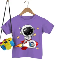 Astronaut on The Rocket Print T Shirts Kids Short Sleeve Tshirt Cartoon Astronaut Boys Girls T-shirt Summer Tee Shirt Tops