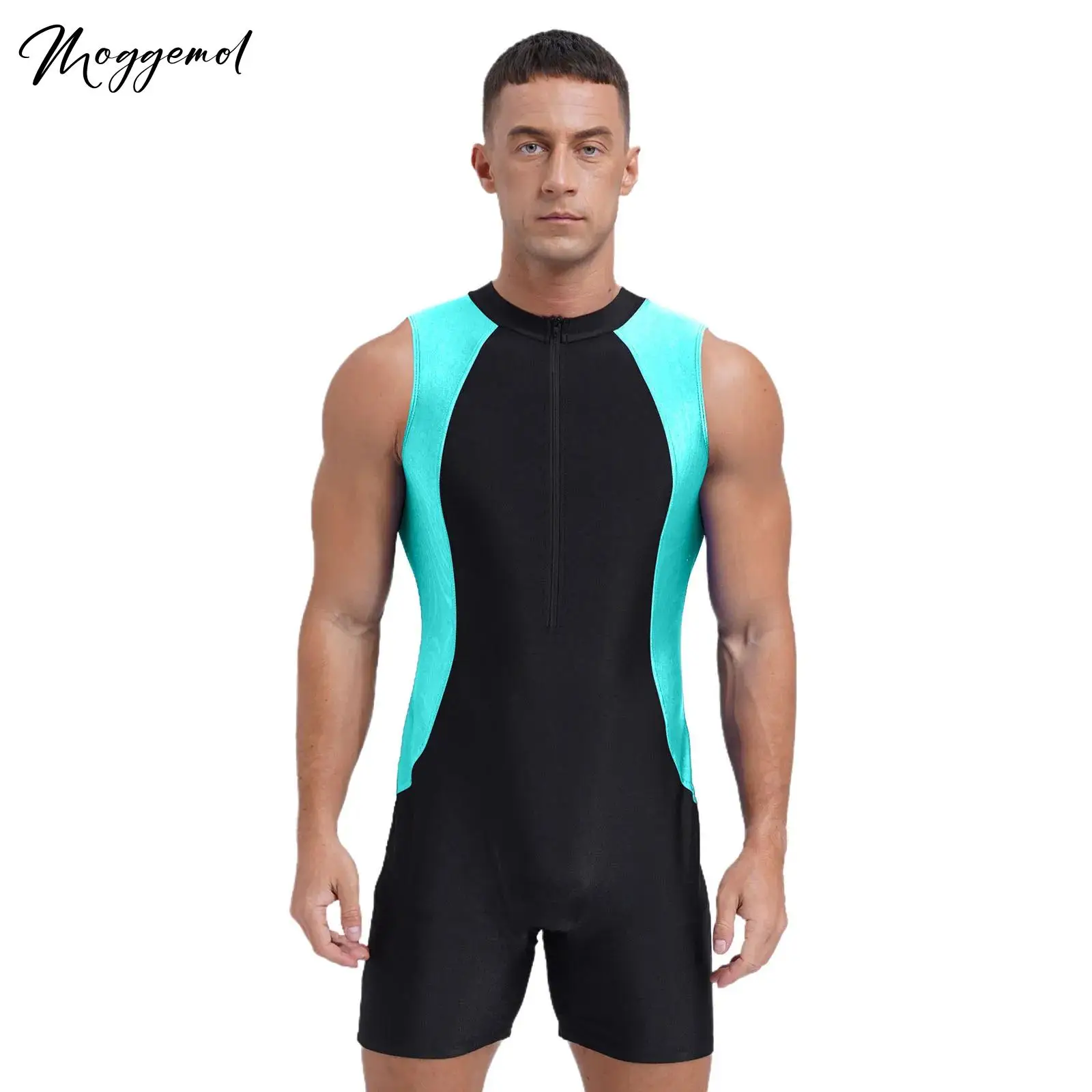 

Мужской цельный комбинезон для плавания с круглым вырезом и молнией спереди, боди, комбинезон без рукавов, цветной купальник, спортивный купальный костюм