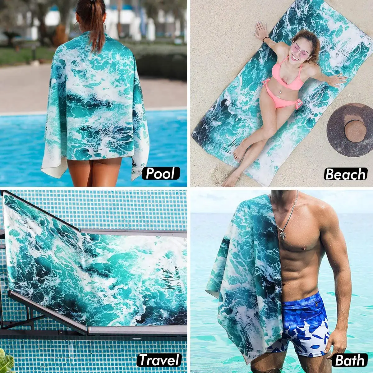 Microfiber Beach Towel,Quick Dry Lightweight Swim Towels, Wave Printed Travel Bath Towel,Shower Beach Blanket Sand Free Towel