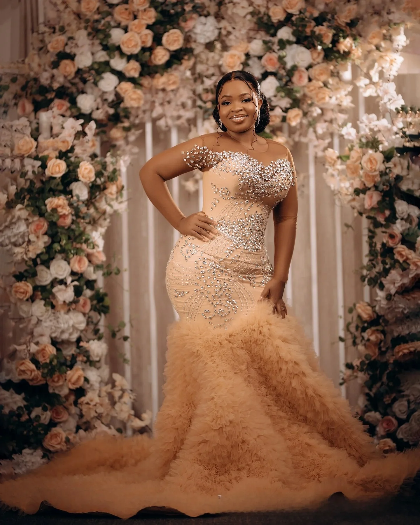 Customized Champagne Shinny Crystals Beads Wedding Dress Vestidos De Casamento  Sexy High Split Tiers Tulle Bridal Gown